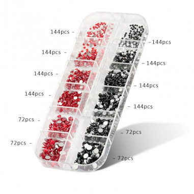 Rhinestones set, Light Siam & Black, 1,6mm - 4mm, 1440 pcs