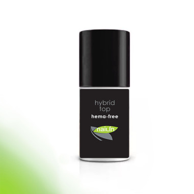 Hybrid Top, Hema Free is a no-wipe top coat with a high gloss for sensitive nails
